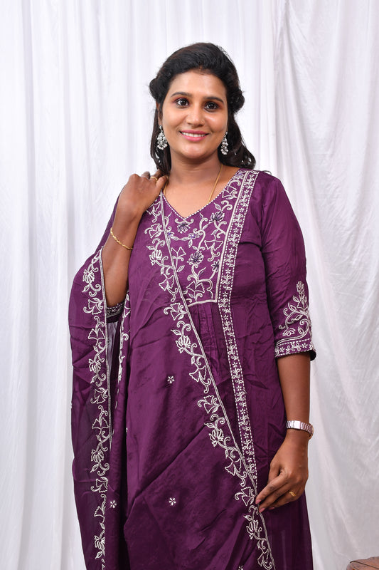 Function Wear 3-Piece Set in Purple Background with Embroidary Work in Top and Dupatta made out of Tussar Silk
