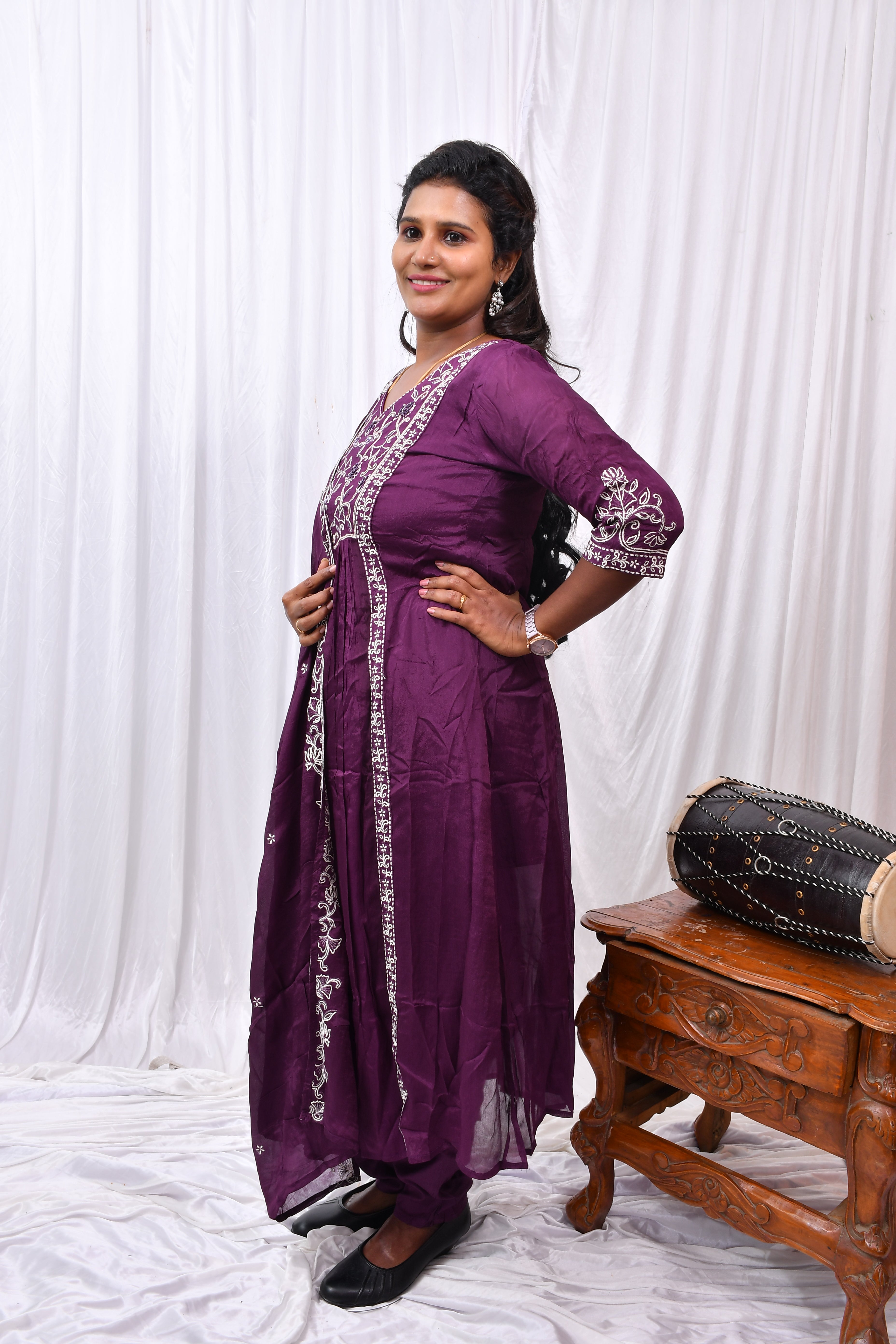 Function Wear 3-Piece Set in Purple Background with Embroidary Work in Top and Dupatta made out of Tussar Silk