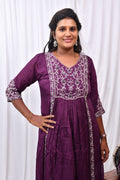 Function Wear 3-Piece Set in Purple Background with Embroidary Work in Top and Dupatta made out of Tussar Silk