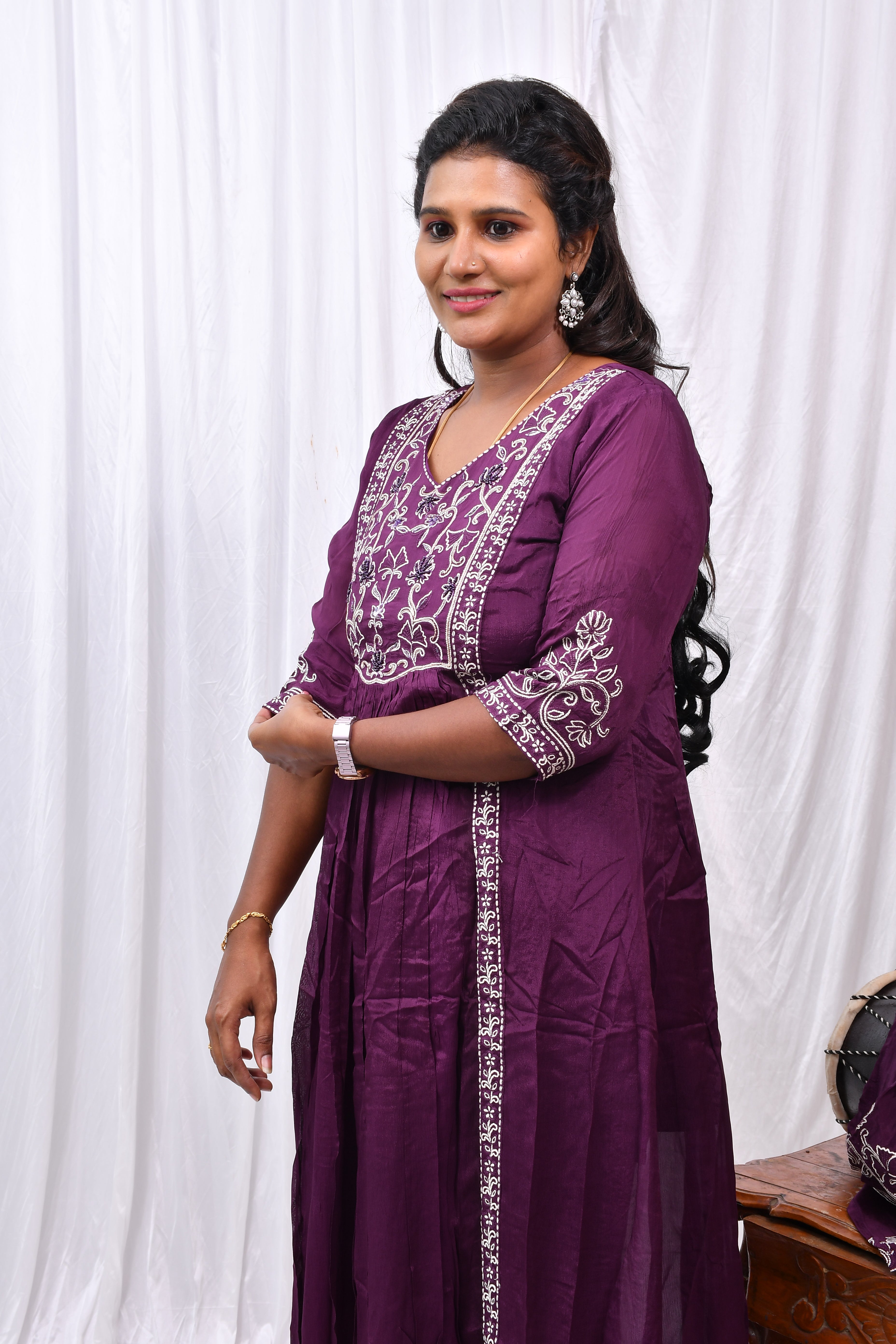 Function Wear 3-Piece Set in Purple Background with Embroidary Work in Top and Dupatta made out of Tussar Silk