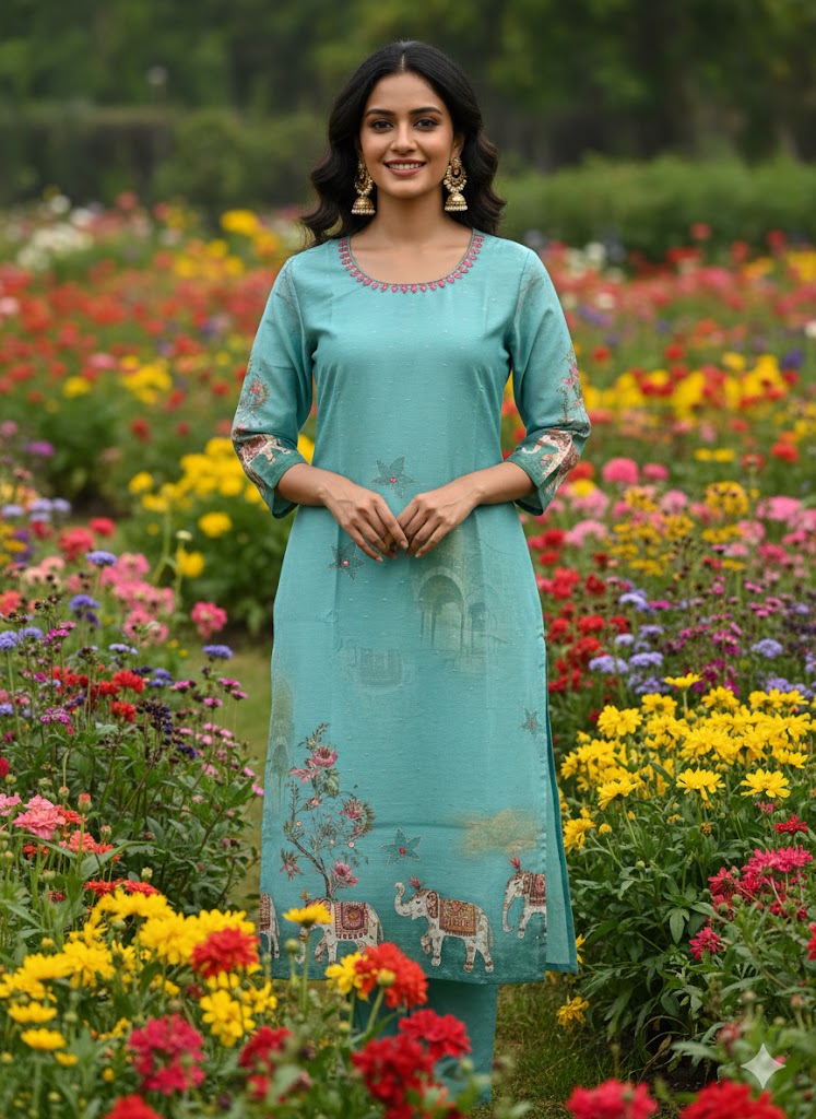 Function Wear 3-Piece Set in Greenish Background with Thread Work in Top, Elephant Design in Border and Dupatta made out of Tussar Silk
