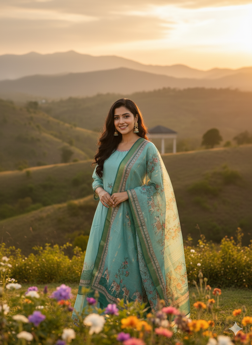 Function Wear 3-Piece Set in Greenish Background with Thread Work in Top, Elephant Design in Border and Dupatta made out of Tussar Silk