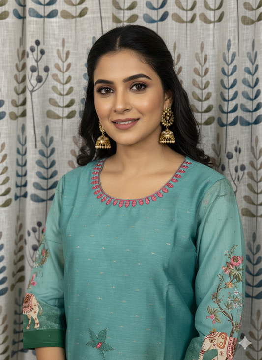 Function Wear 3-Piece Set in Greenish Background with Thread Work in Top, Elephant Design in Border and Dupatta made out of Tussar Silk