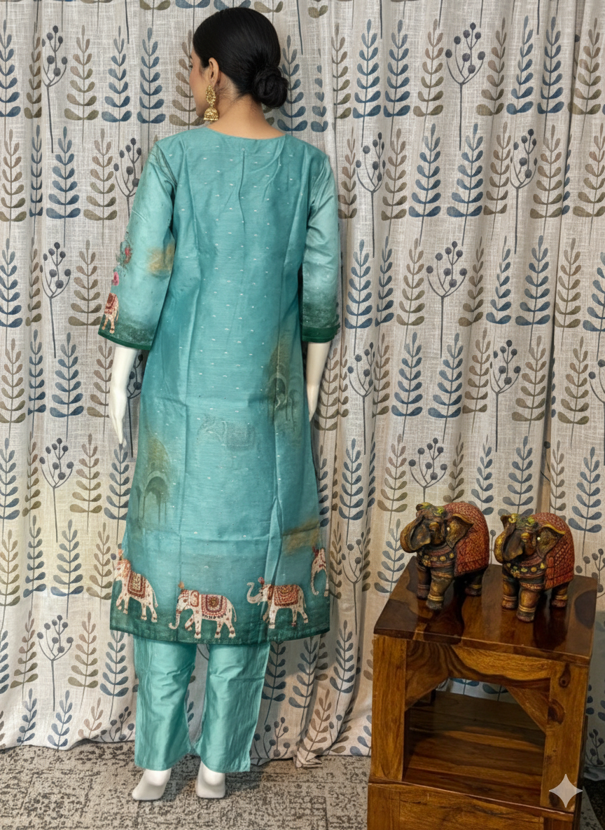 Function Wear 3-Piece Set in Greenish Background with Thread Work in Top, Elephant Design in Border and Dupatta made out of Tussar Silk