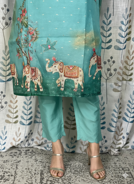 Function Wear 3-Piece Set in Greenish Background with Thread Work in Top, Elephant Design in Border and Dupatta made out of Tussar Silk