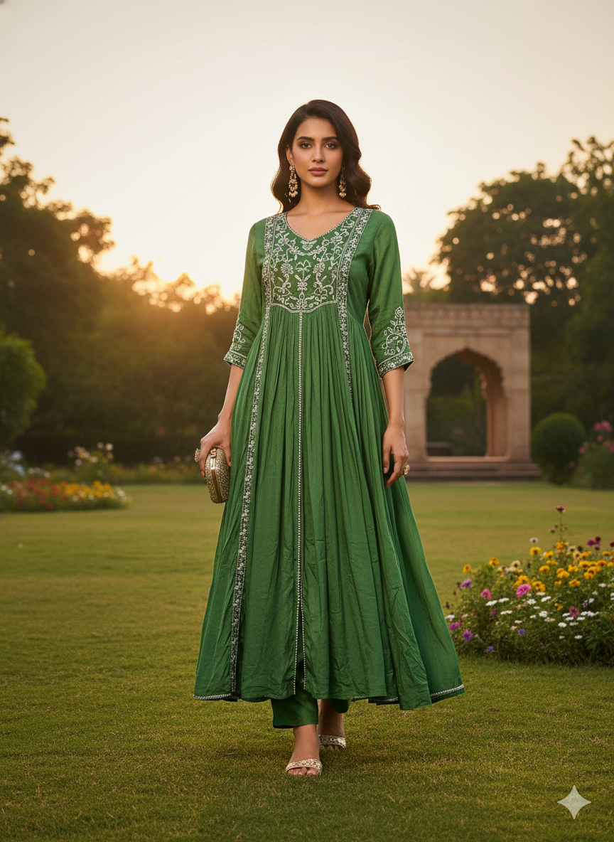 Function Wear 3-Piece Set in Greenish Background with Embroidary Work in Top and Dupatta made out of Tussar Silk