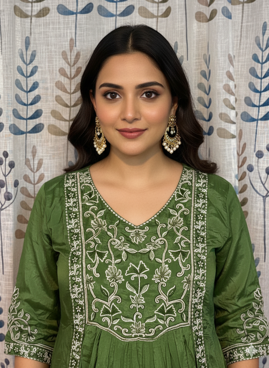 Function Wear 3-Piece Set in Greenish Background with Embroidary Work in Top and Dupatta made out of Tussar Silk