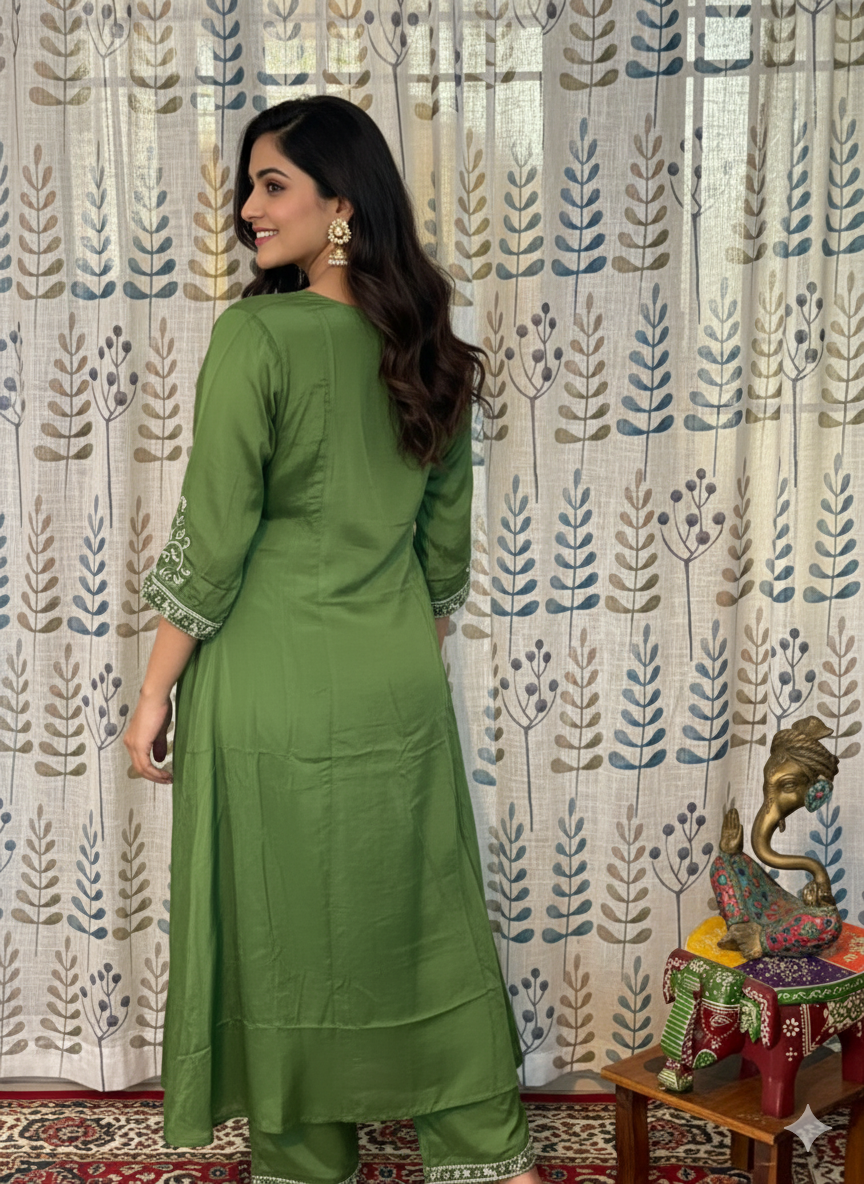 Function Wear 3-Piece Set in Greenish Background with Embroidary Work in Top and Dupatta made out of Tussar Silk