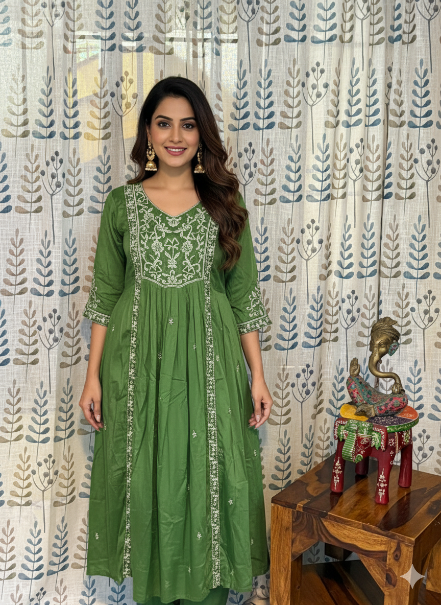 Function Wear 3-Piece Set in Greenish Background with Embroidary Work in Top and Dupatta made out of Tussar Silk