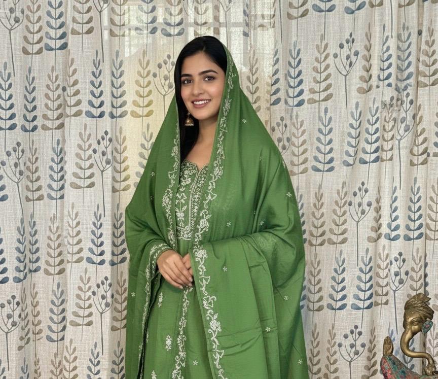 Function Wear 3-Piece Set in Greenish Background with Embroidary Work in Top and Dupatta made out of Tussar Silk