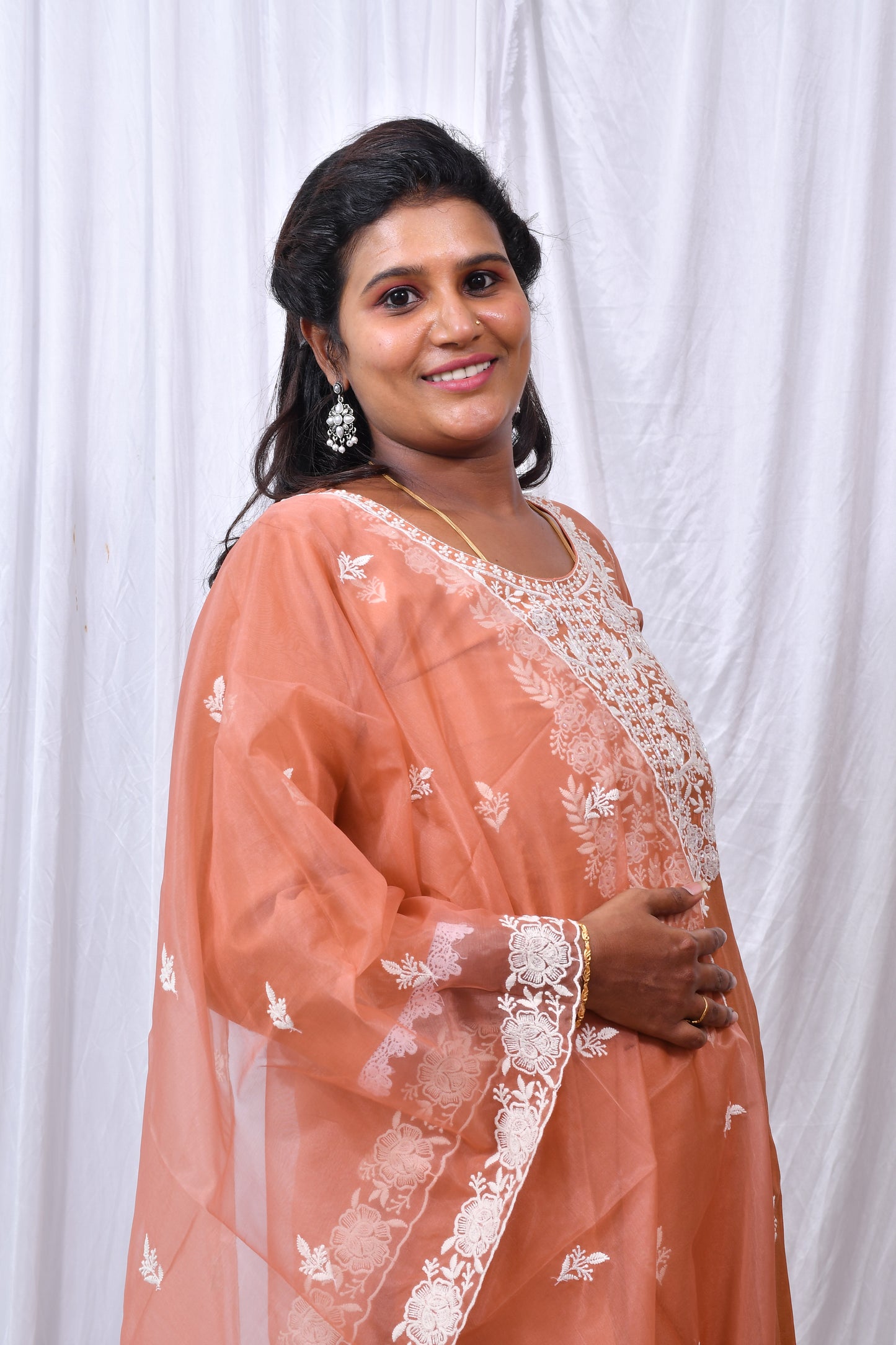 Beautiful 3-Piece Set in Orange Background with Embroidary Work & Lace Work in Top and Dupatta made out of Tussar Silk with Flower work Border