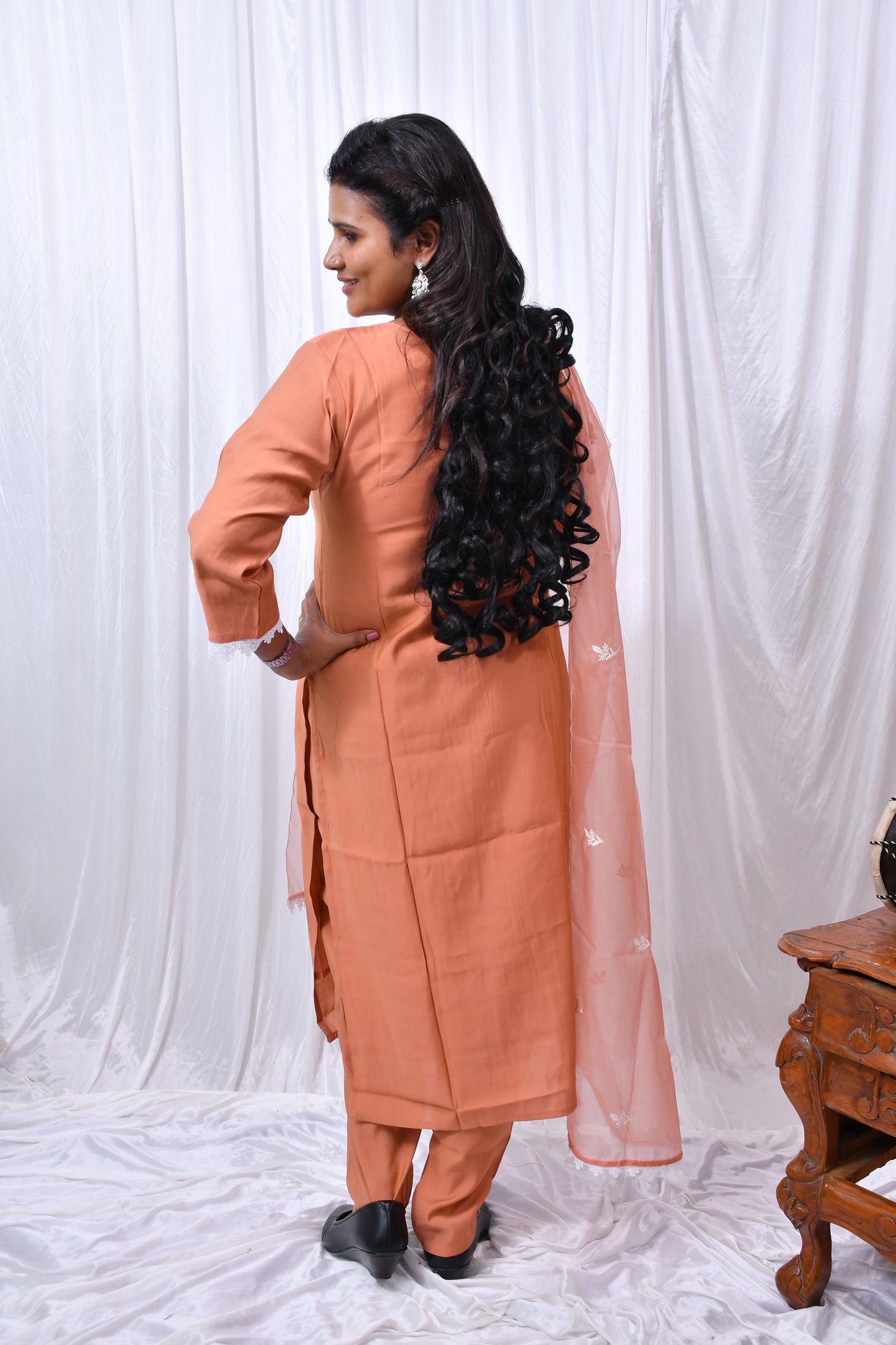 Beautiful 3-Piece Set in Orange Background with Embroidary Work & Lace Work in Top and Dupatta made out of Tussar Silk with Flower work Border