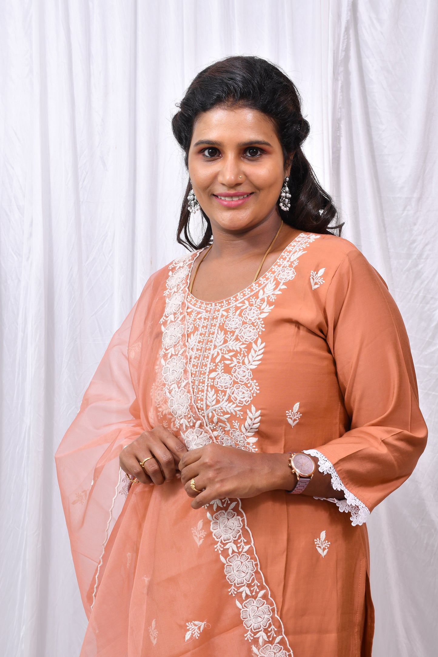 Beautiful 3-Piece Set in Orange Background with Embroidary Work & Lace Work in Top and Dupatta made out of Tussar Silk with Flower work Border