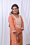 Beautiful 3-Piece Set in Orange Background with Embroidary Work & Lace Work in Top and Dupatta made out of Tussar Silk with Flower work Border