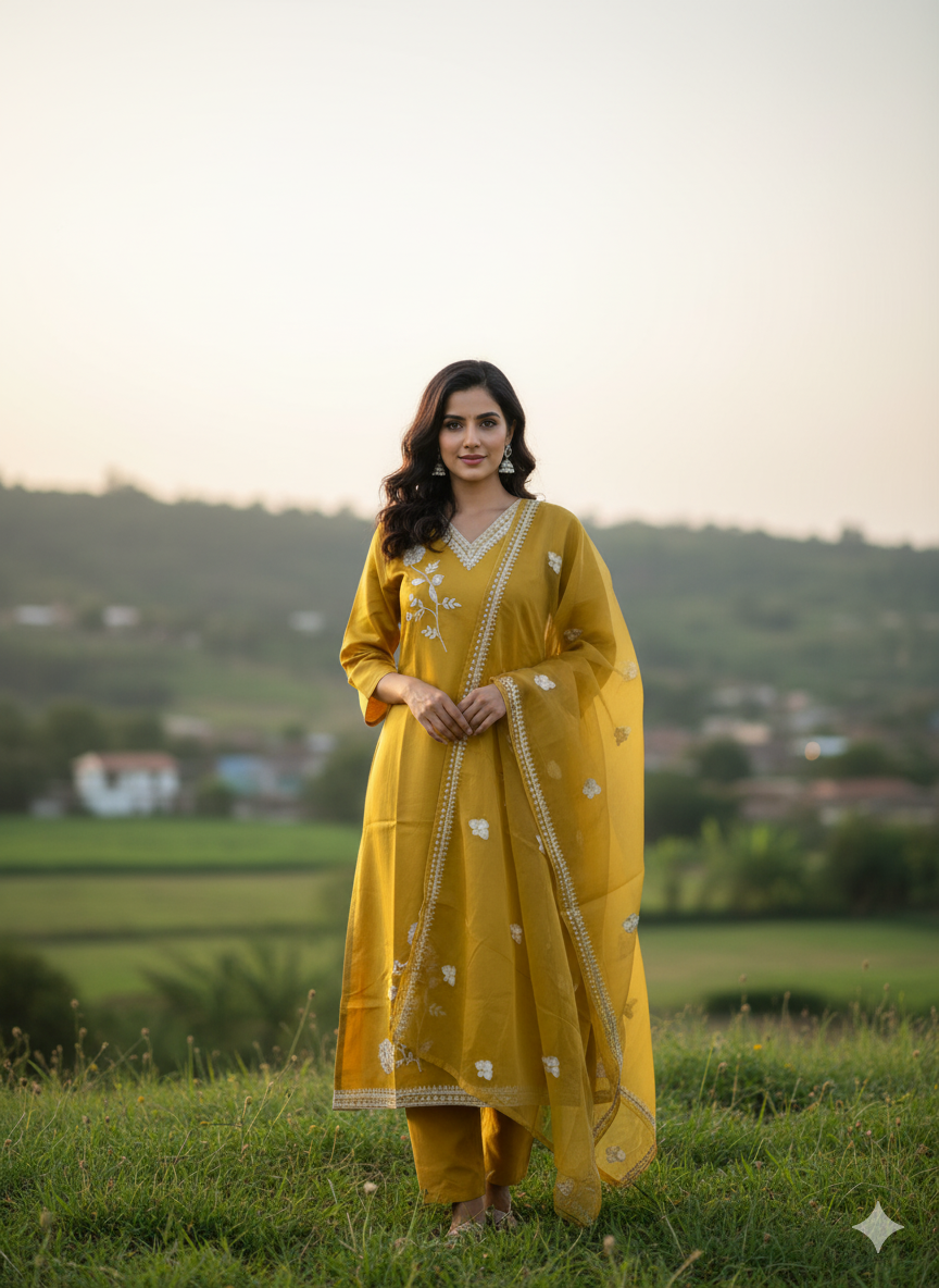 Beautiful 3-Piece Set in Mustard Color Background with Embroidary & Thread Work in Top and Dupatta made out of Tussar Silk with Flower work