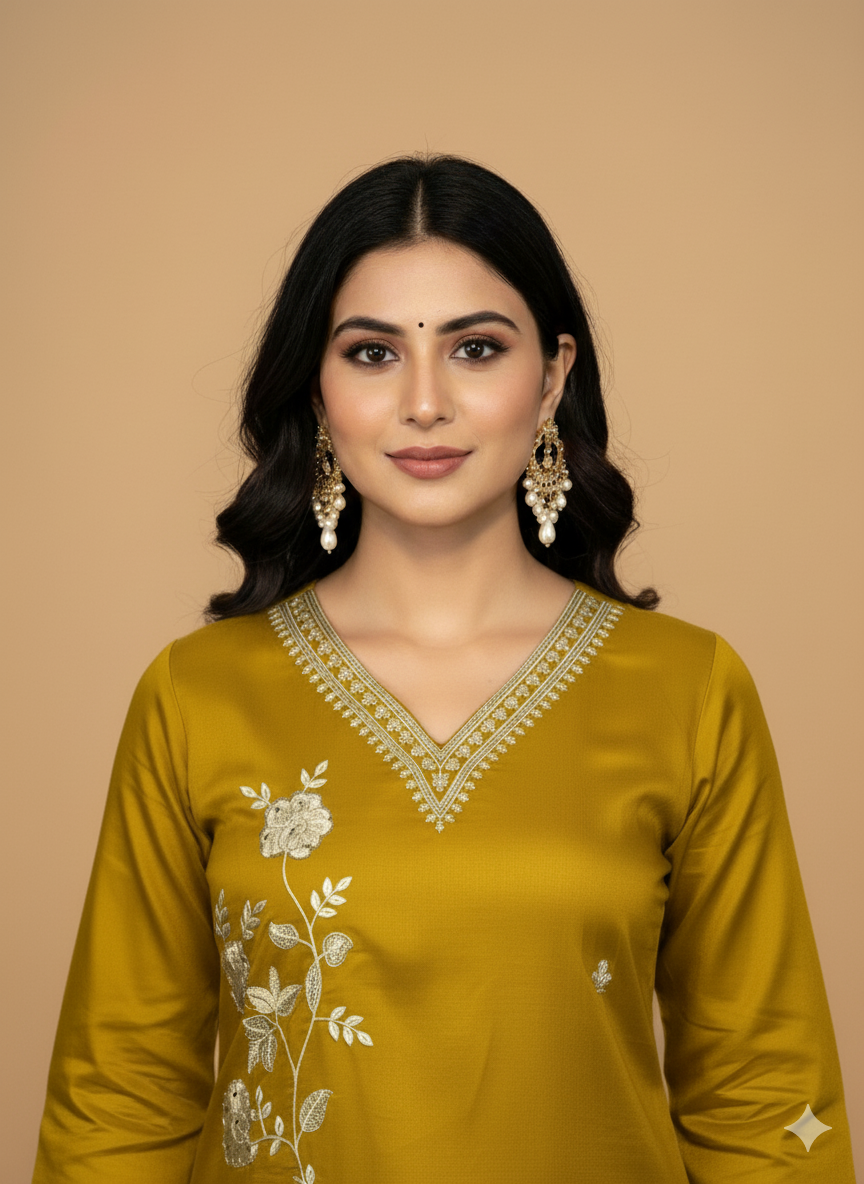 Beautiful 3-Piece Set in Mustard Color Background with Embroidary & Thread Work in Top and Dupatta made out of Tussar Silk with Flower work