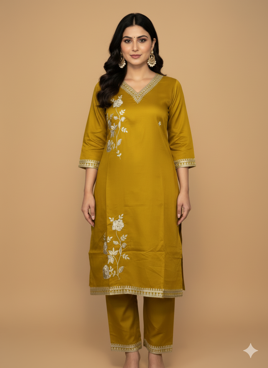 Beautiful 3-Piece Set in Mustard Color Background with Embroidary & Thread Work in Top and Dupatta made out of Tussar Silk with Flower work