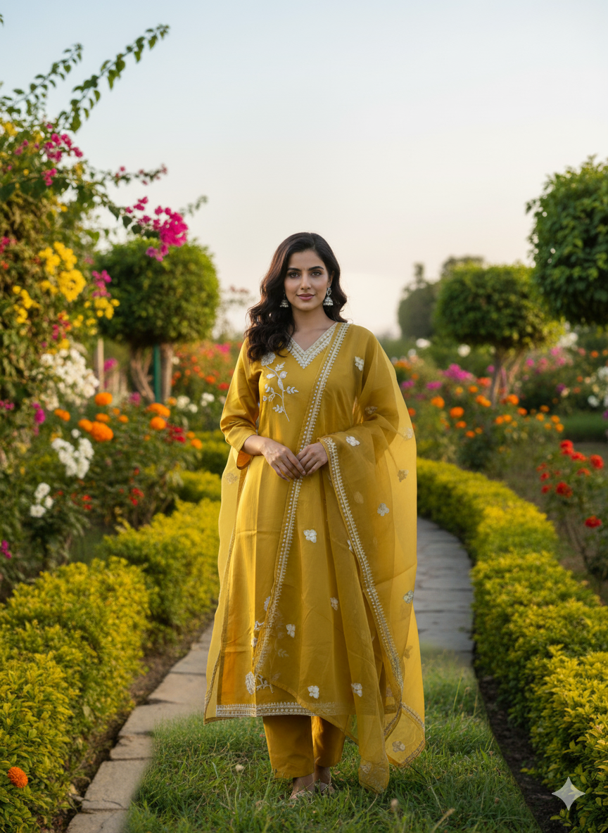Beautiful 3-Piece Set in Mustard Color Background with Embroidary & Thread Work in Top and Dupatta made out of Tussar Silk with Flower work