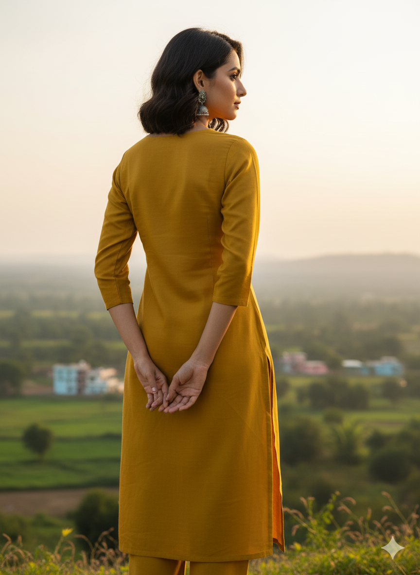Beautiful 3-Piece Set in Mustard Color Background with Embroidary & Thread Work in Top and Dupatta made out of Tussar Silk with Flower work