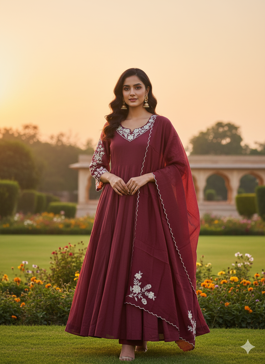 Beautiful 3-Piece Set in Magenta Color Background with Embroidary & Thread Work in Top and Similar Design in Dupatta