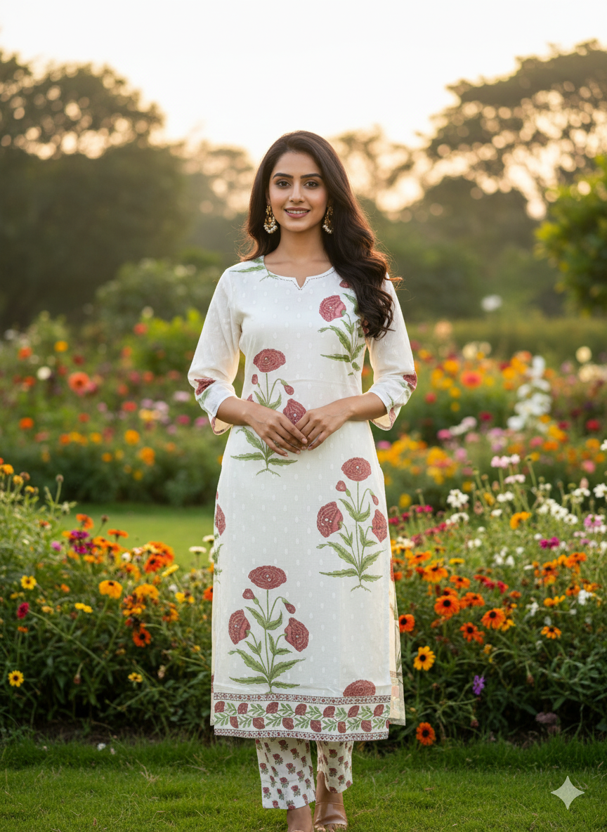 Elegant 3-Piece Set in White Background with Aesthetic Flower Designs in Top and Matching Dupatta with Flower work
