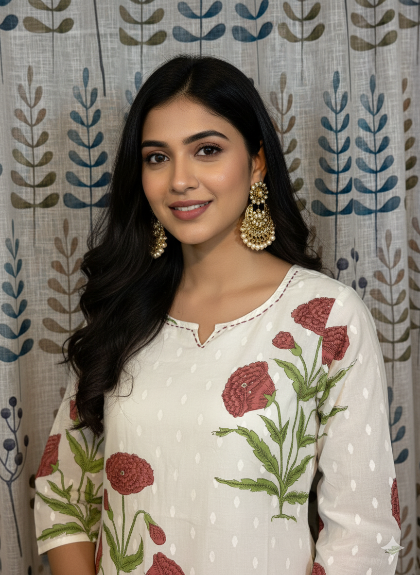 Elegant 3-Piece Set in White Background with Aesthetic Flower Designs in Top and Matching Dupatta with Flower work
