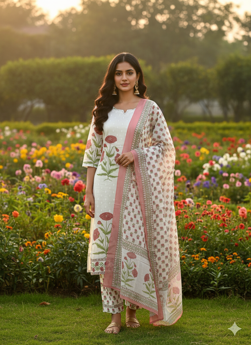 Elegant 3-Piece Set in White Background with Aesthetic Flower Designs in Top and Matching Dupatta with Flower work