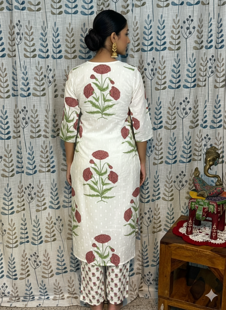 Elegant 3-Piece Set in White Background with Aesthetic Flower Designs in Top and Matching Dupatta with Flower work