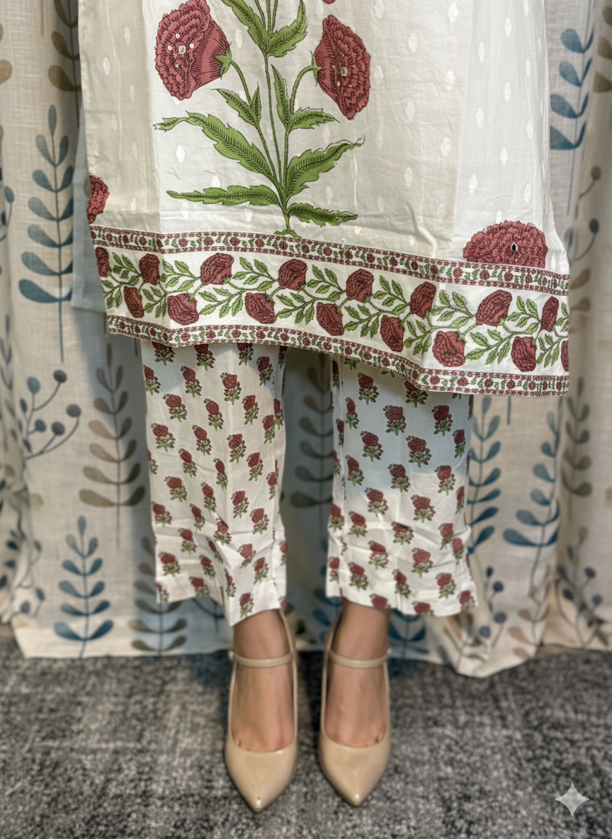 Elegant 3-Piece Set in White Background with Aesthetic Flower Designs in Top and Matching Dupatta with Flower work