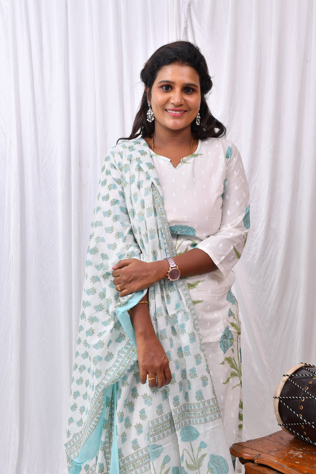 Elegant 3-Piece Set in White Background with Aesthetic Flower Design in Top and Matching Dupatta with Flower work