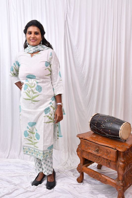 Elegant 3-Piece Set in White Background with Aesthetic Flower Design in Top and Matching Dupatta with Flower work