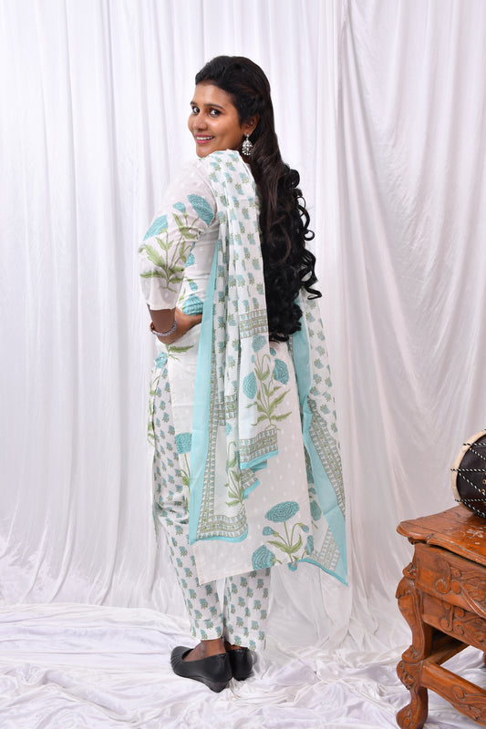 Elegant 3-Piece Set in White Background with Aesthetic Flower Design in Top and Matching Dupatta with Flower work