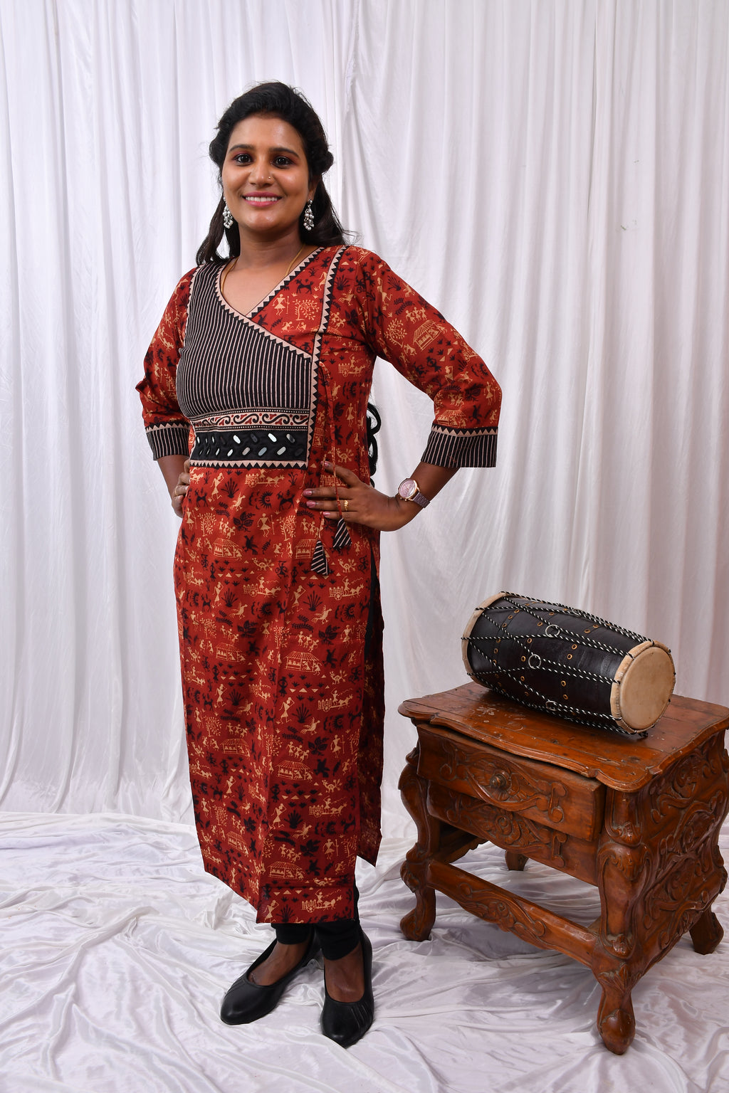 Beautiful Cotton Kurthi with Vorli Art Design Black Background & Mirror Work in Yoke