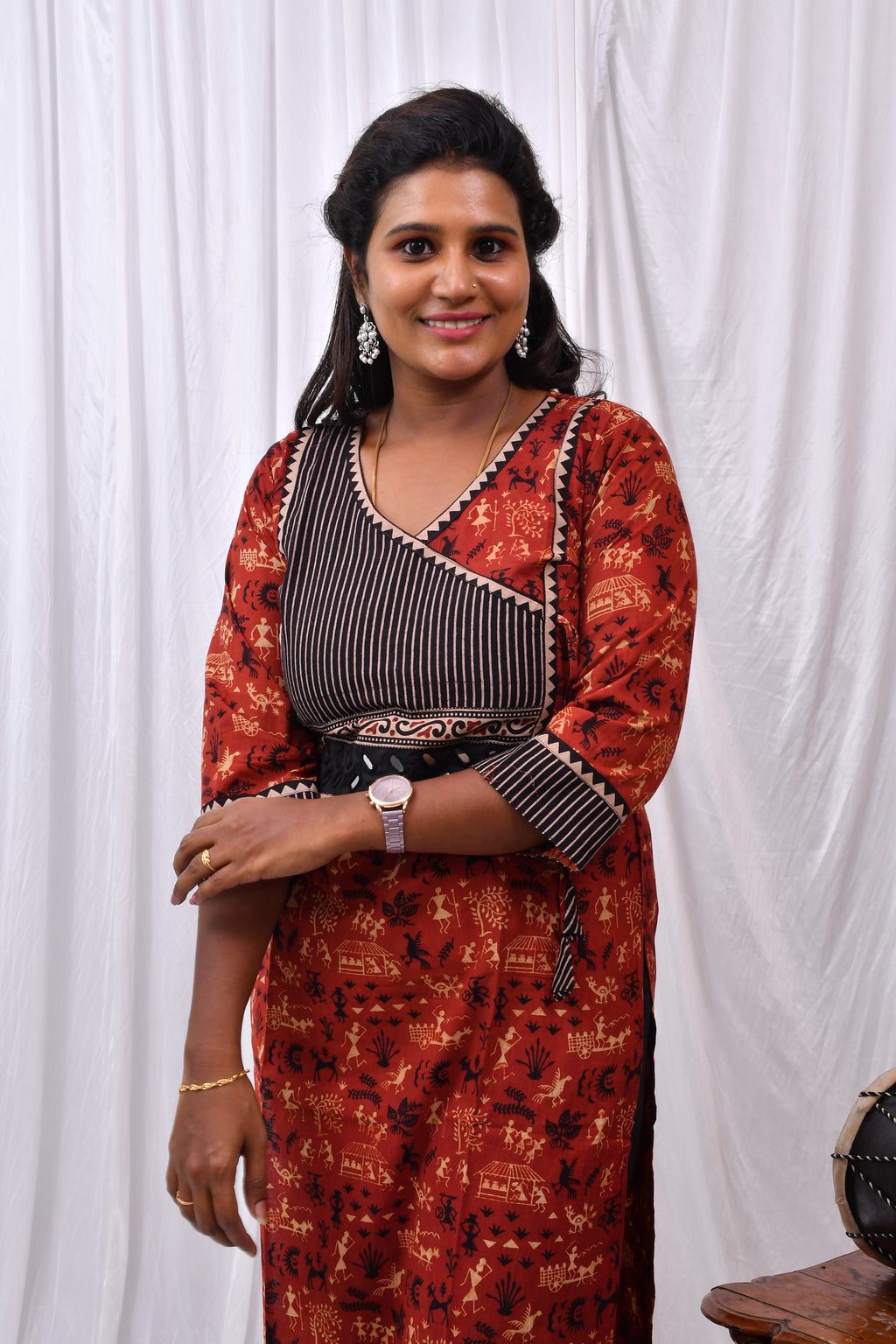 Beautiful Cotton Kurthi with Vorli Art Design Black Background & Mirror Work in Yoke