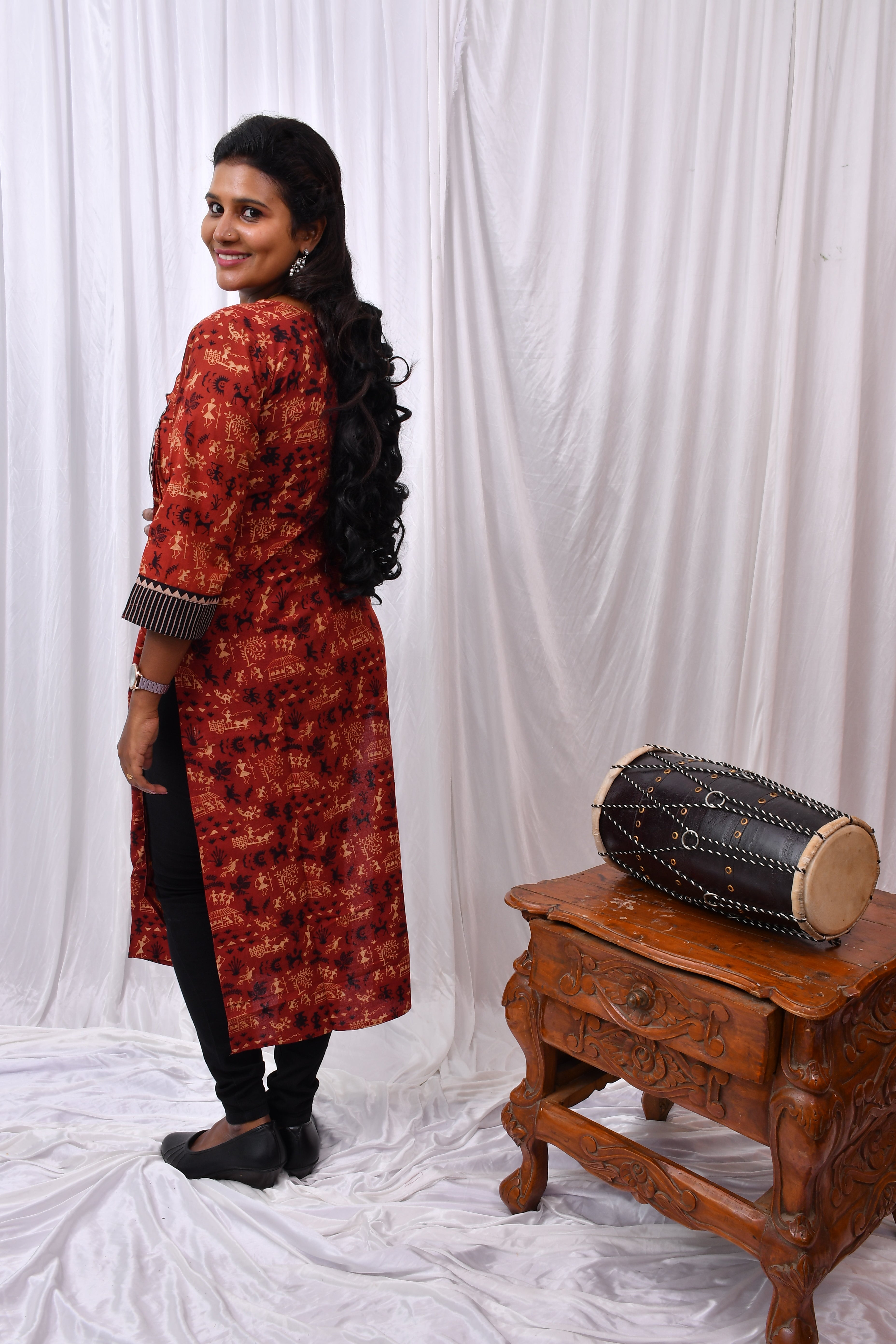 Beautiful Cotton Kurthi with Vorli Art Design Black Background & Mirror Work in Yoke