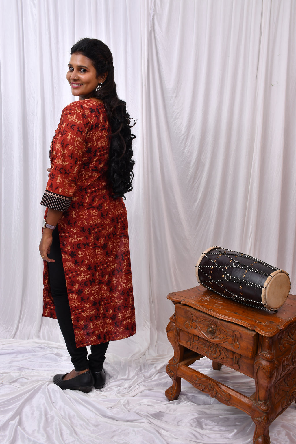 Beautiful Cotton Kurthi with Vorli Art Design Maroon Background & Mirror Work in Yoke