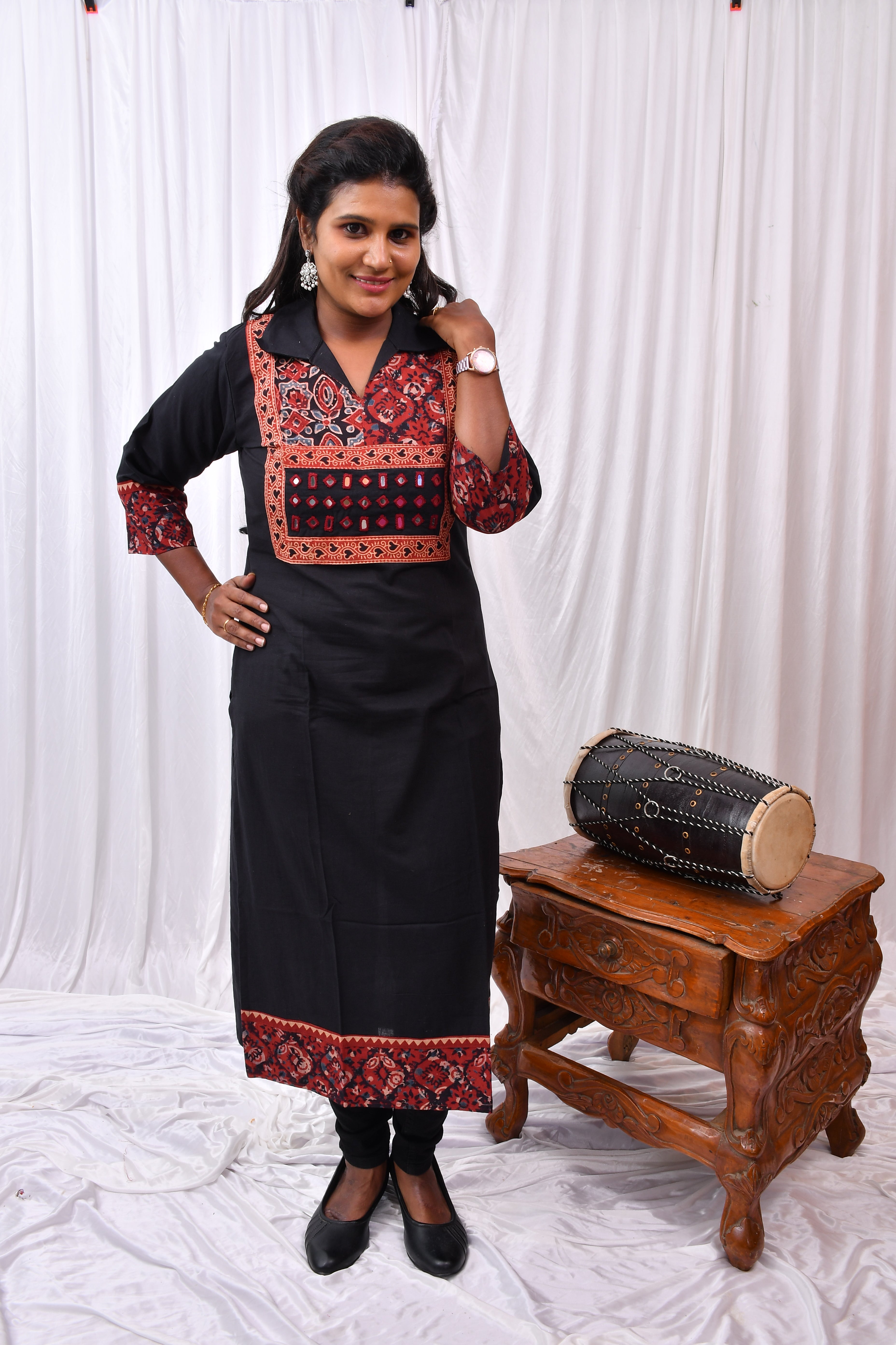 Elegant Cotton Collared Kurthi with Beautiful Ajarak Prints & Mirror Work in Yoke