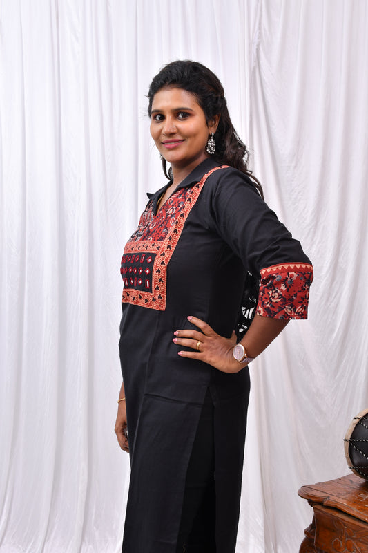 Elegant Cotton Collared Kurthi with Beautiful Ajarak Prints & Mirror Work in Yoke