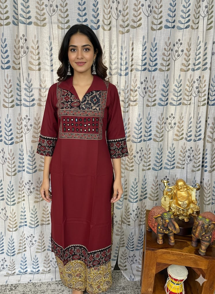 Elegant Cotton Collared Kurthi with Beautiful Ajarak Prints & Mirror Work in Yoke.
