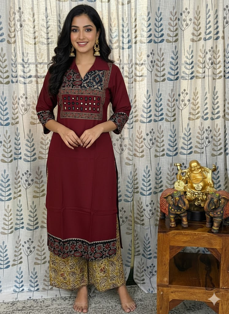 Elegant Cotton Collared Kurthi with Beautiful Ajarak Prints & Mirror Work in Yoke.
