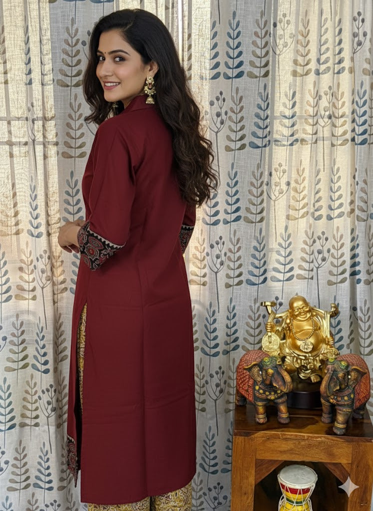 Elegant Cotton Collared Kurthi with Beautiful Ajarak Prints & Mirror Work in Yoke.