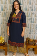 Elegant Cotton Collared Kurthi with Beautiful Ajarak Print & Mirror Work in Yoke