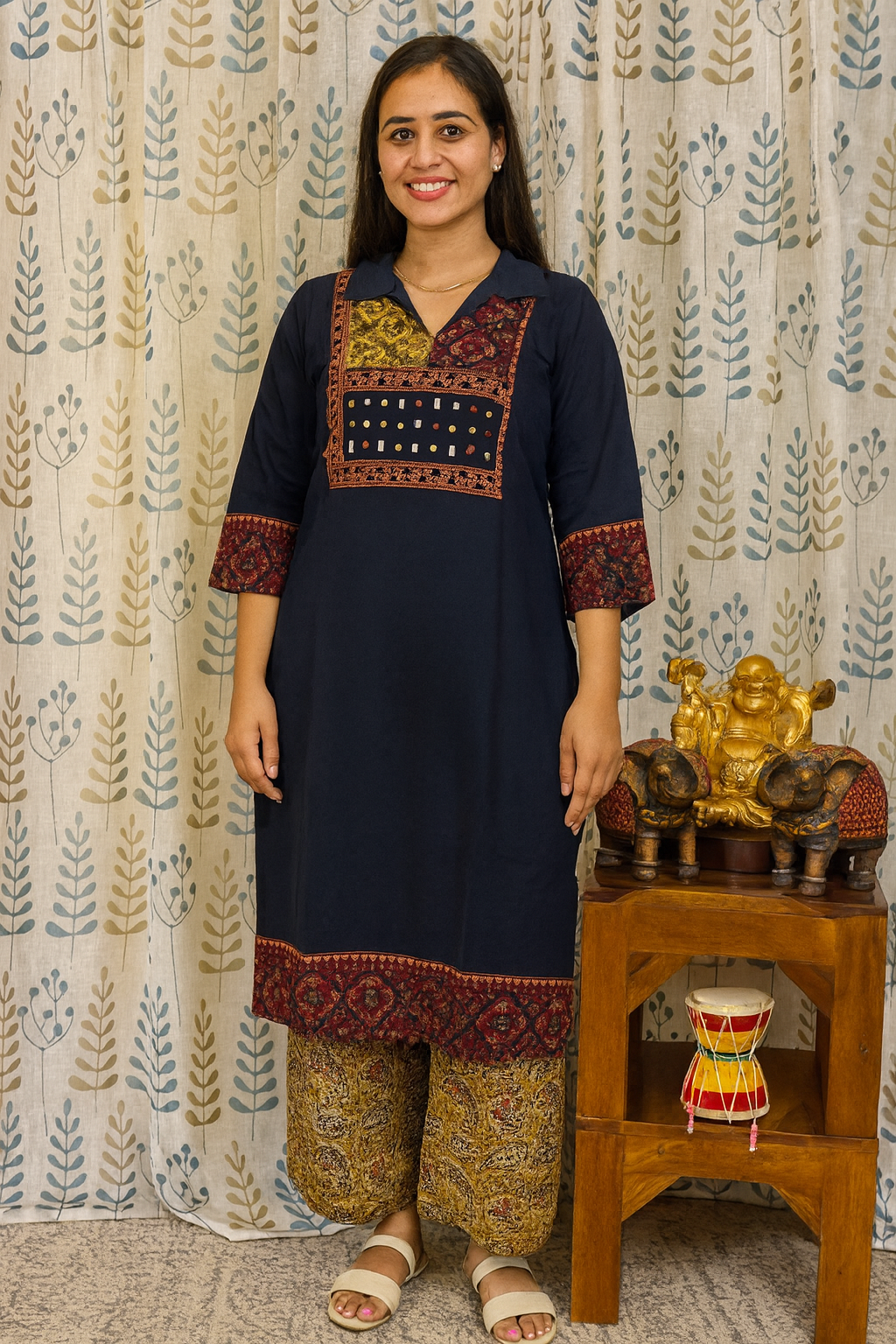 Elegant Cotton Collared Kurthi with Beautiful Ajarak Print & Mirror Work in Yoke