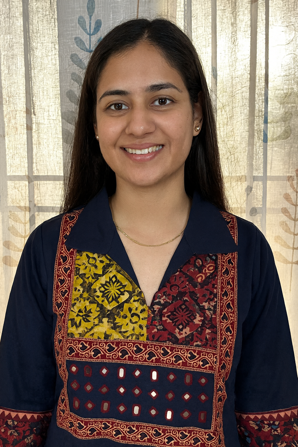 Elegant Cotton Collared Kurthi with Beautiful Ajarak Print & Mirror Work in Yoke