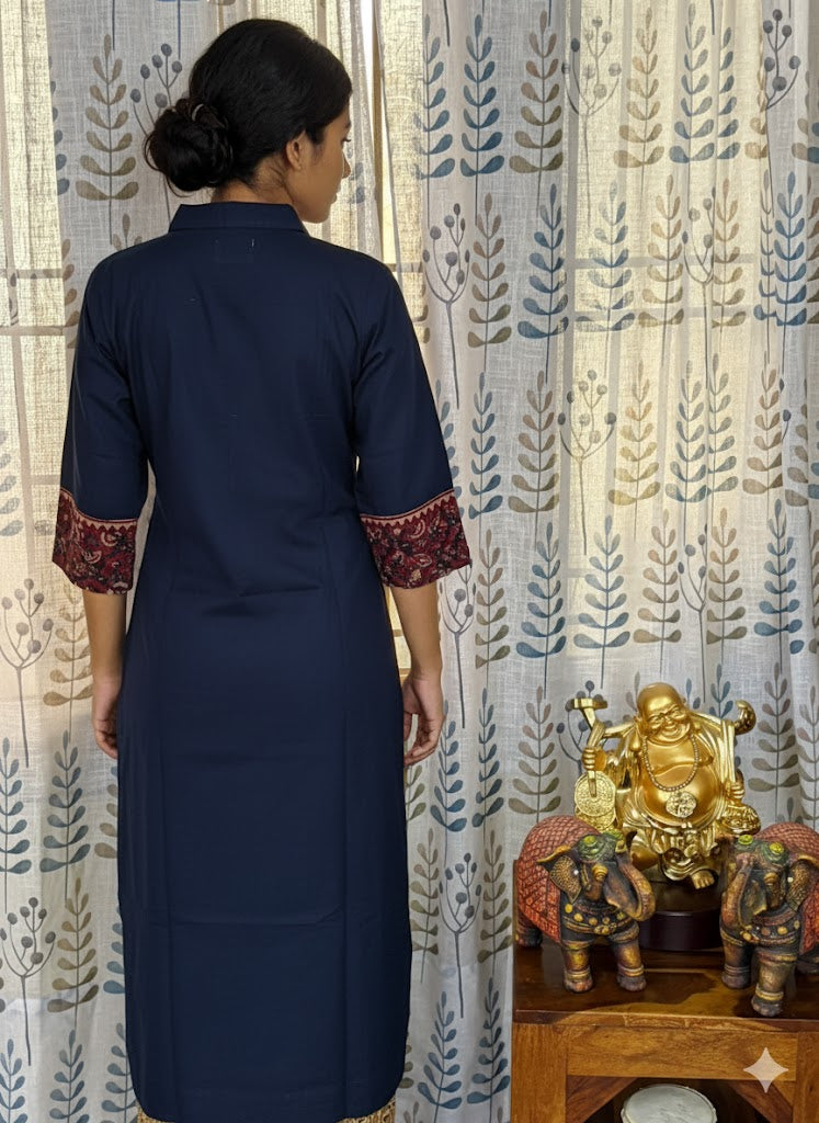 Elegant Cotton Collared Kurthi with Beautiful Ajarak Print & Mirror Work in Yoke