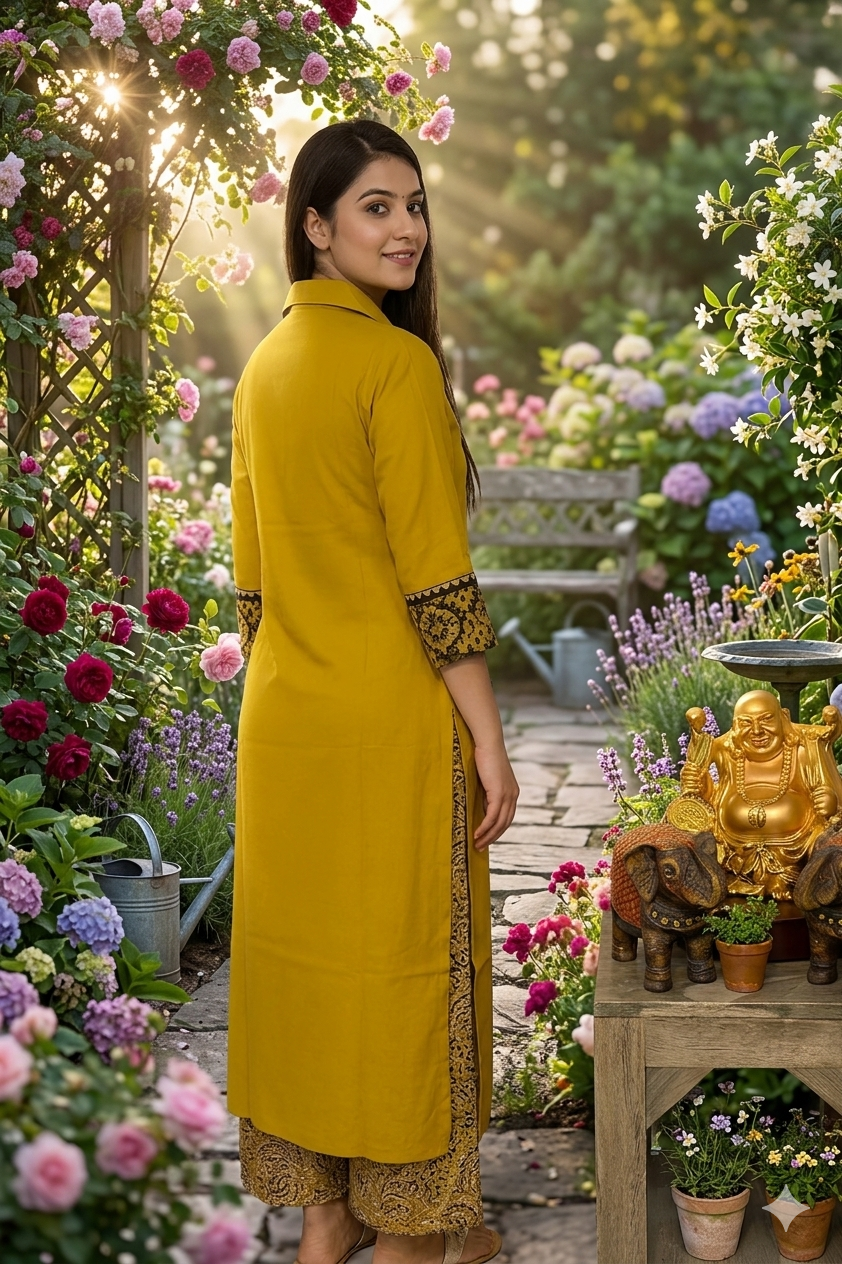 Elegant Cotton Collared Kurthi with Beautiful Ajarak Prints & Mirror Work in Yoke
