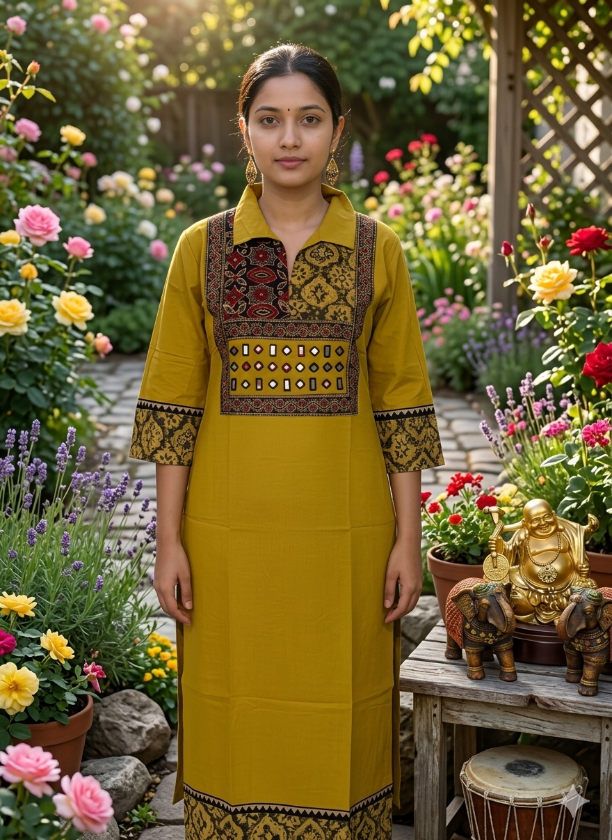 Elegant Cotton Collared Kurthi with Beautiful Ajarak Prints & Mirror Work in Yoke