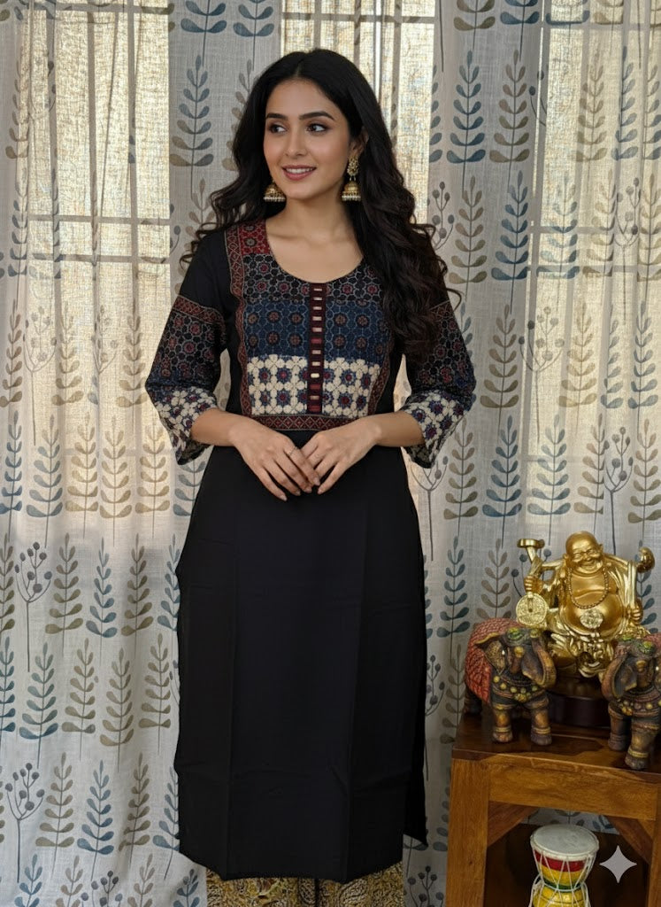 Elegant Cotton Kurthi with Beautiful Ajarak Print, Mirror Work in Yoke & Sleeves