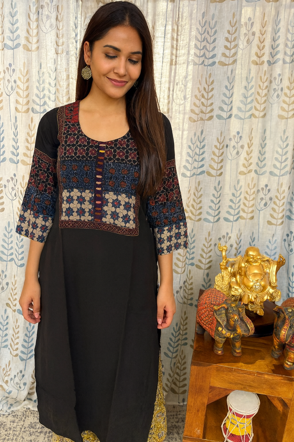 Elegant Cotton Kurthi with Beautiful Ajarak Print, Mirror Work in Yoke & Sleeves