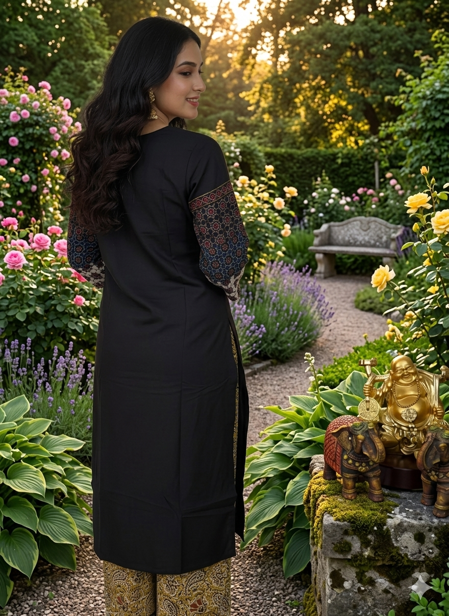 Elegant Cotton Kurthi with Beautiful Ajarak Print, Mirror Work in Yoke & Sleeves